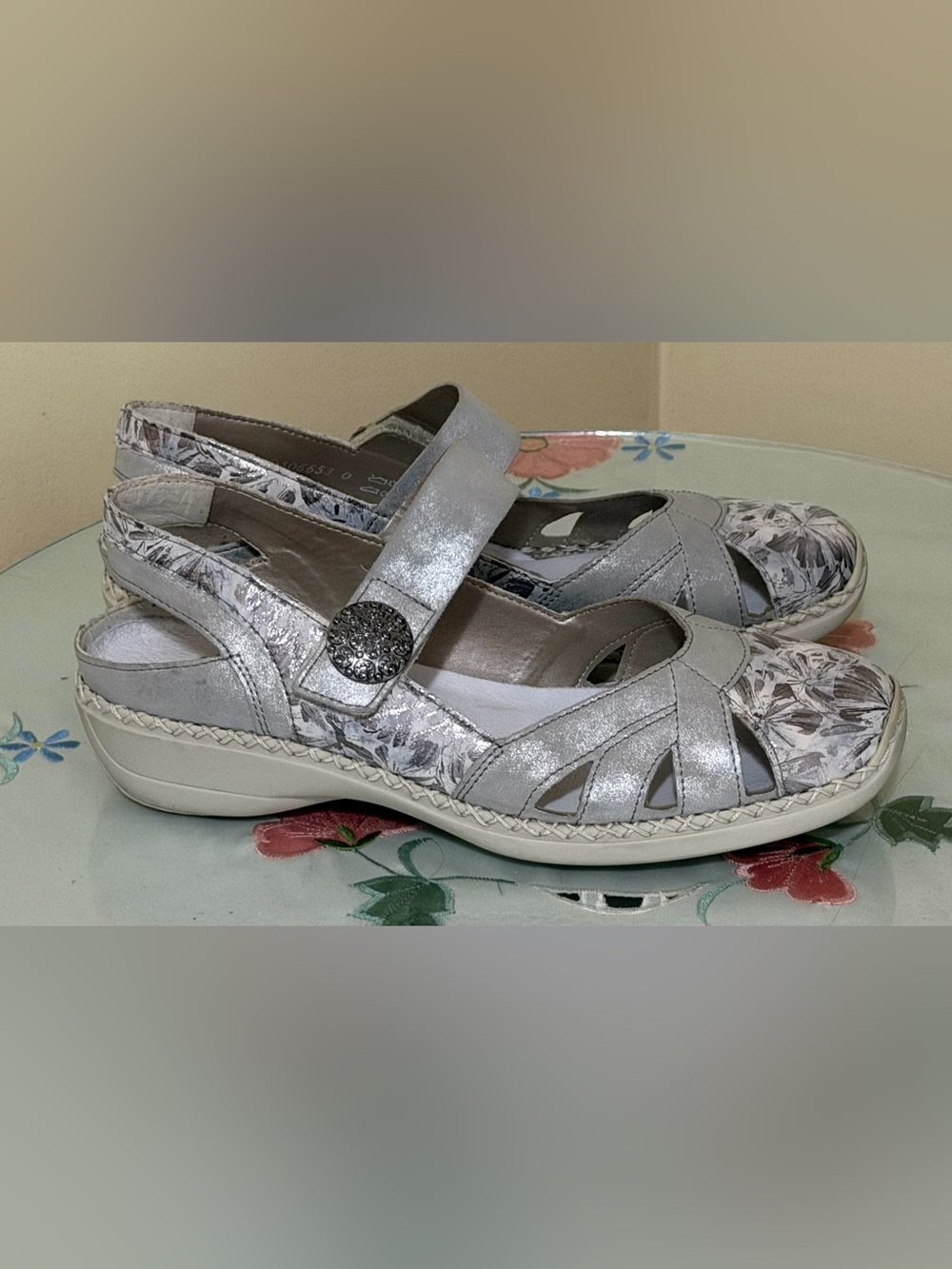Rieker Silver Floral Comfort Slingback Sandals - Size 39 EUR or Size 8 US